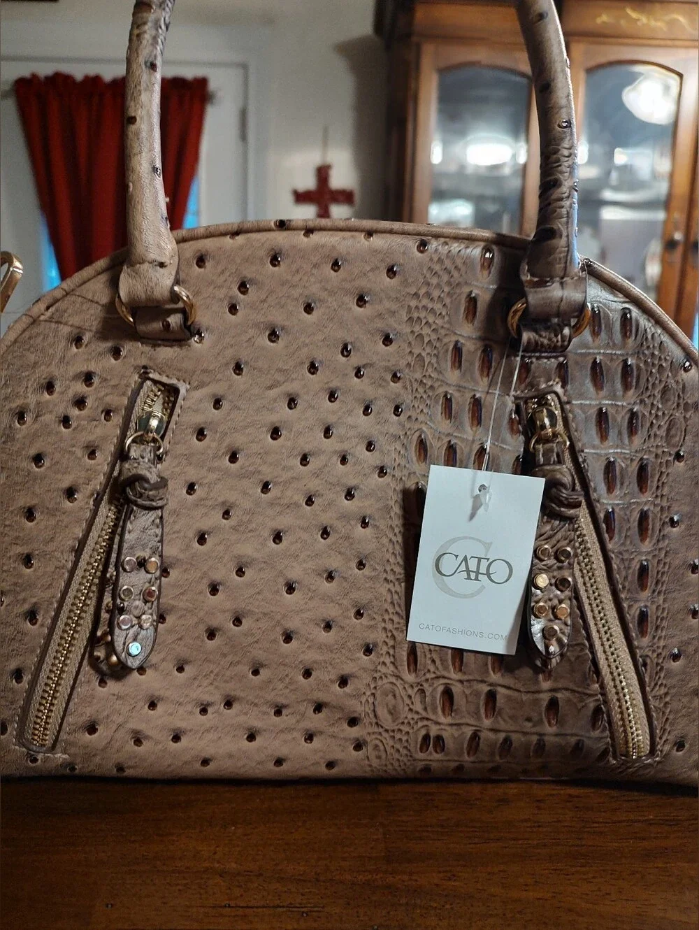 Cato Taupe Faux-Ostrich Dome Satchel with Gold Accents